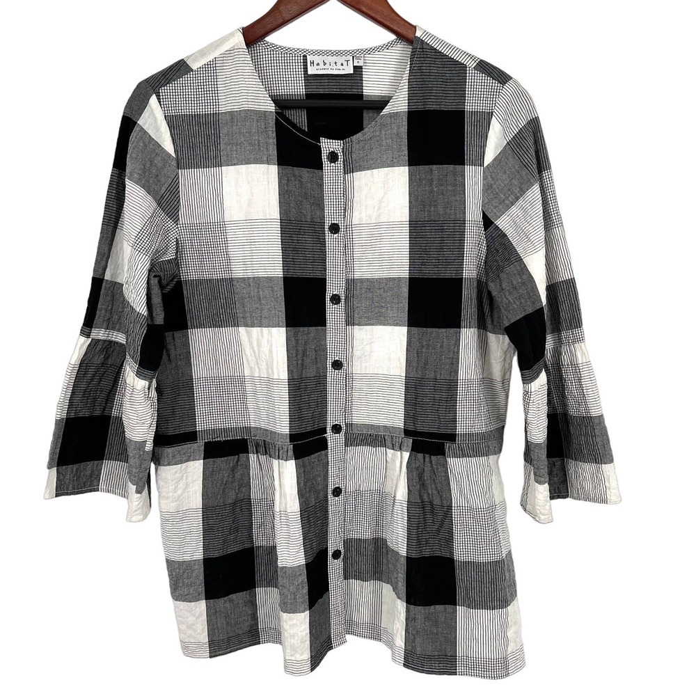 Habitat Womens Size Small Black White Grey Bell Sleeve Blouse Shirt Top Artsy
